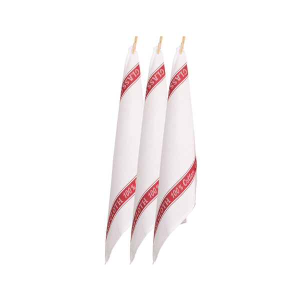 Three pristine red glass cloths displayed on clothes pegs, highlighting their quality craftsmanship and vintage aesthetic for effective cleaning.