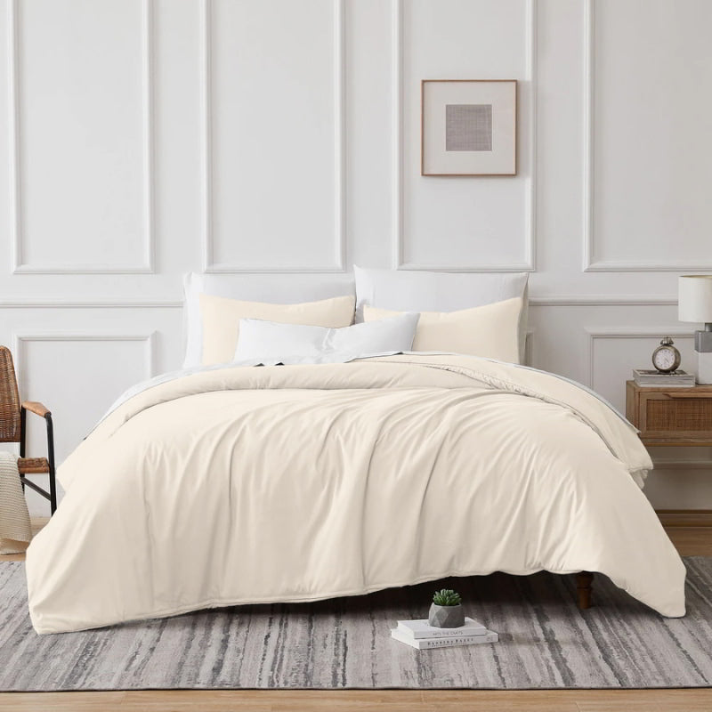 Elegant ivory quilt cover set featuring TENCEL™ Lyocell and cotton by Renee Taylor, designed for optimal comfort and a sophisticated look.