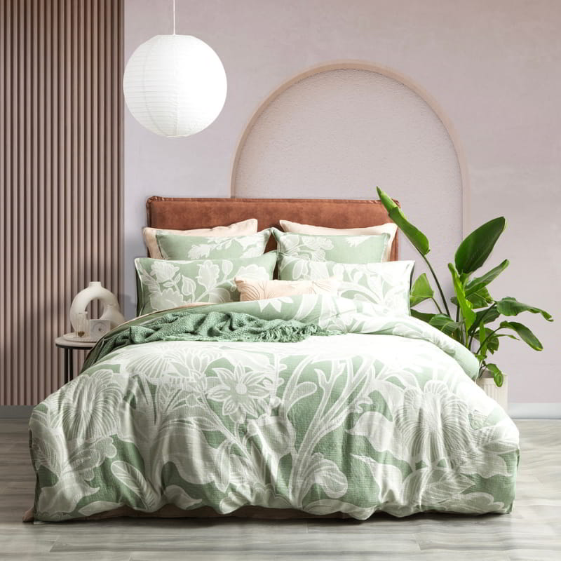 Luxurious sage green european pillowcase featuring floral designs with large leaves in a unique waffle pattern.