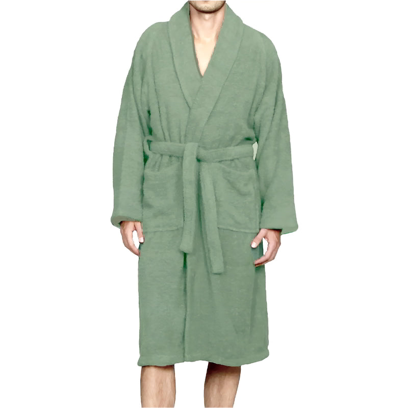 A green robe featuring a sleek style and front pockets, perfect for a comfortable home spa experience.