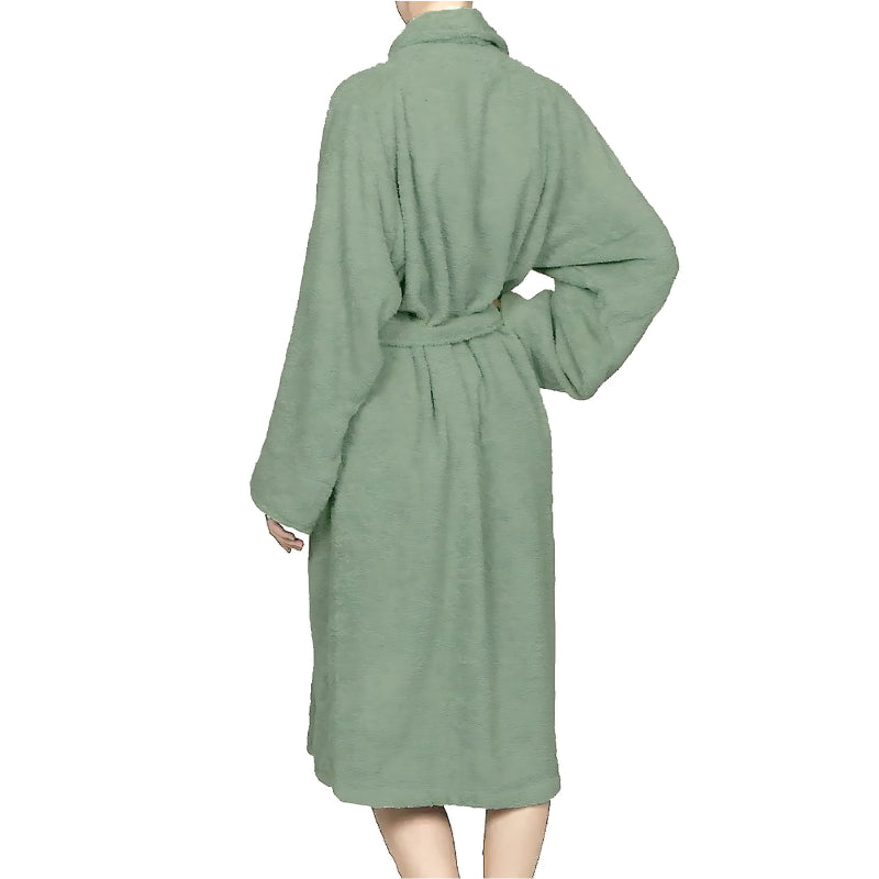 Back details of a green robe featuring a sleek style and front pockets, perfect for a comfortable home spa experience.