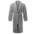 A grey robe featuring a sleek style and front pockets, perfect for a comfortable home spa experience.