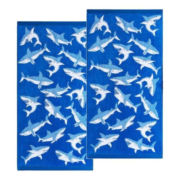 Two luxurious shark kids beach towels, designed for comfort and joy during outdoor adventures.