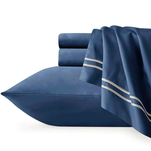 Elegant Strada Indigo Quilt Cover Set crafted from premium Egyptian Cotton, 1000-thread count, with eco-friendly features and stylish embroidery.