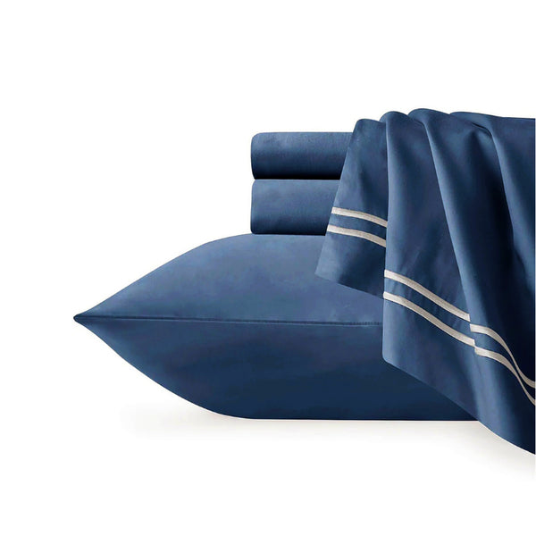 Elegant indigo sheet set featuring the pillowcases made from high-quality Egyptian cotton for a soft and durable sleep experience.