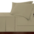 An elegant bed with a taupe sheet set, emphasizing the luxurious feel and intricate embroidery of high-quality cotton.