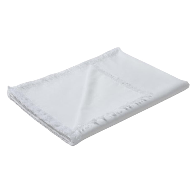 Folded white tablecloth made of linen and cotton, featuring a soft feel, fringe edges, and a versatile design for any occasion.