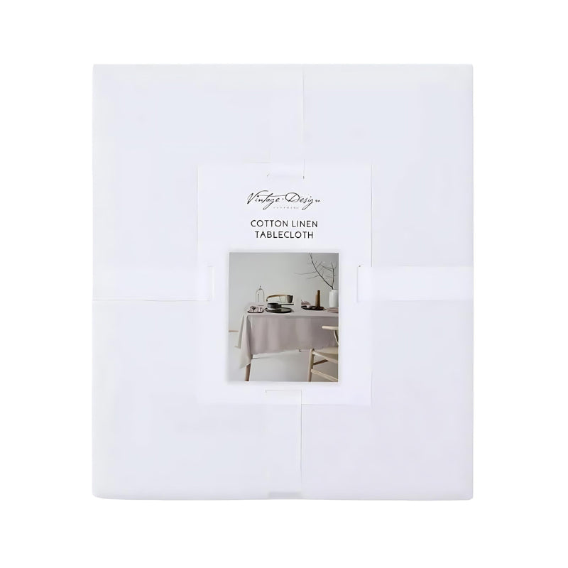 Packaging details of a white tablecloth made of linen and cotton, featuring a soft feel, fringe edges, and a versatile design for any occasion.