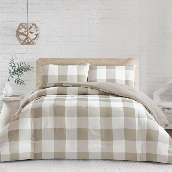 Morgan and Reid Gingham Taupe Grey Comforter Set