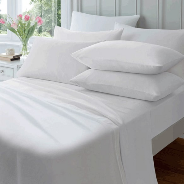 Luxurious Jenny Mclean Abrazo Flannelette Cotton White Sheet Set, made of 100% Egyptian cotton, offers warmth and comfort for chilly nights.