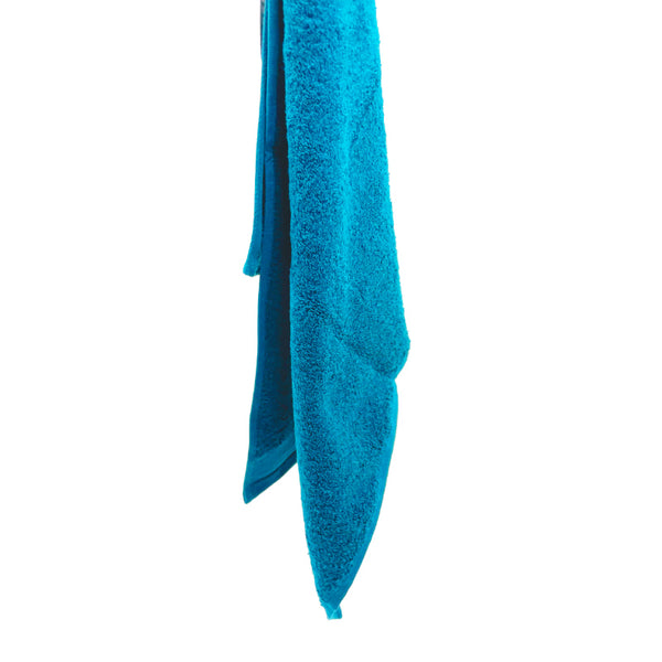 Soft aqua hand towel featuring a wide sheared border, perfect for a spa-like experience.