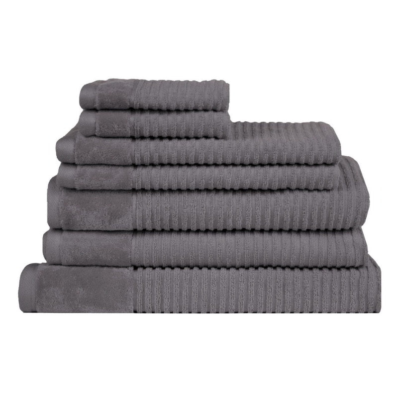 Luxurious charcoal towels stacked neatly, crafted from 100% premium cotton for ultimate softness and lasting absorbency.