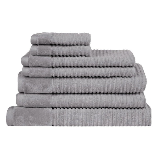 A stack of luxurious silver towels, crafted from 100% premium cotton, showcasing elegance and exceptional softness.