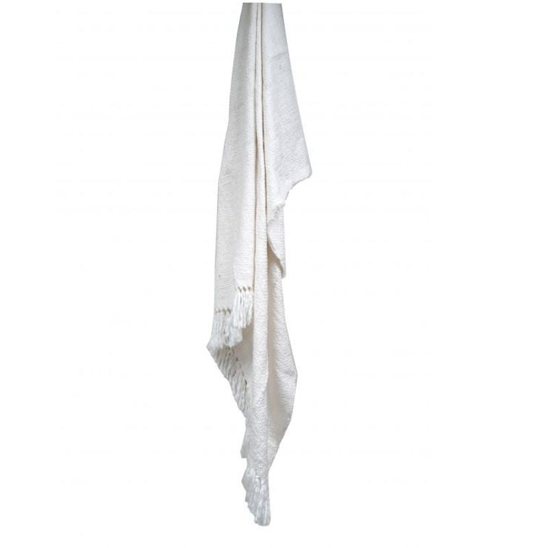 A white throw elegantly draped on a pristine white wall, showcasing simplicity and cleanliness in design.