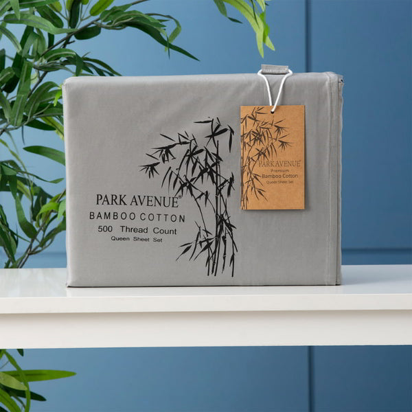 Front packaging details of the Park Avenue Charcoal Sheet Set combines bamboo and cotton for softness, breathability, and low maintenance, enhancing your sleep experience.