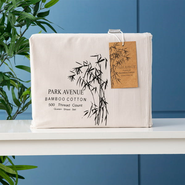 Front packaging details of the Park Avenue Dove Sheet Set combines bamboo and cotton for softness, breathability, and low maintenance, enhancing your sleep experience.