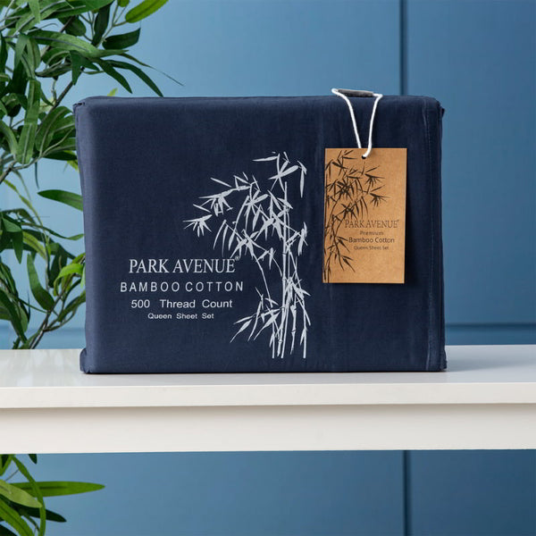 Front packaging details of the Park Avenue Indigo Sheet Set combines bamboo and cotton for softness, breathability, and low maintenance, enhancing your sleep experience.