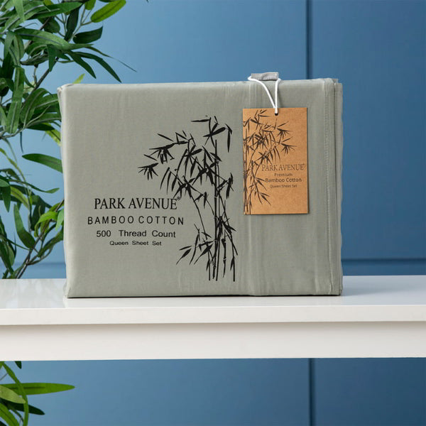 Front packaging details of the Park Avenue Jade Sheet Set combines bamboo and cotton for softness, breathability, and low maintenance, enhancing your sleep experience.