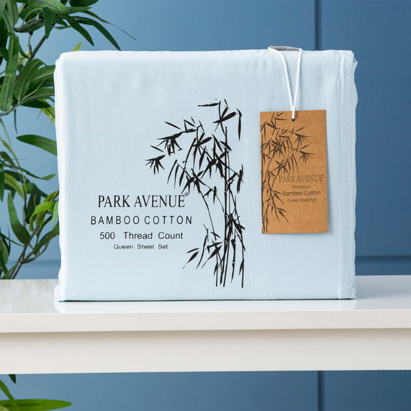 Front packaging details of the Park Avenue Mid Blue Sheet Set combines bamboo and cotton for softness, breathability, and low maintenance, enhancing your sleep experience.