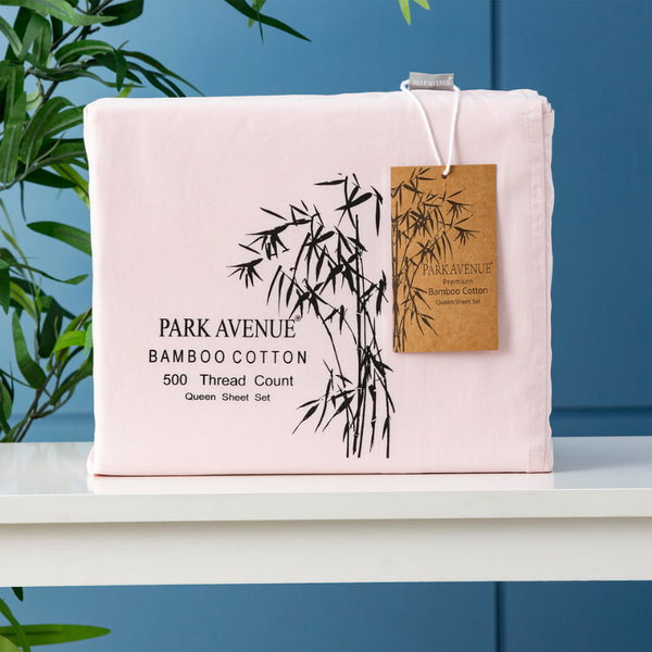 Front packaging details of the Park Avenue Peach Sheet Set combines bamboo and cotton for softness, breathability, and low maintenance, enhancing your sleep experience.