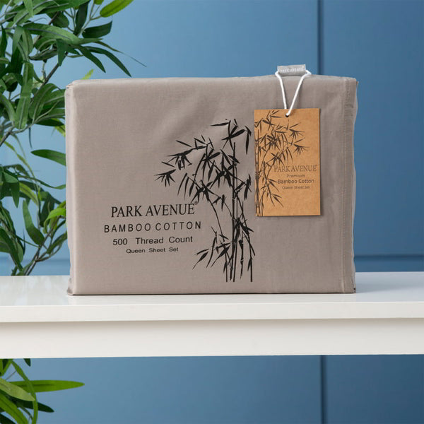 Front packaging details of the Park Avenue Pewter Sheet Set combines bamboo and cotton for softness, breathability, and low maintenance, enhancing your sleep experience.