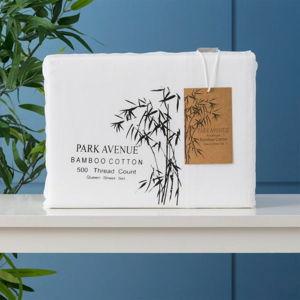 Front packaging details of the Park Avenue White Sheet Set combines bamboo and cotton for softness, breathability, and low maintenance, enhancing your sleep experience.