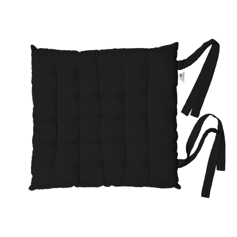 Elegant black chair pad with straps, designed for comfort and durability, perfect for improving any seating arrangement.