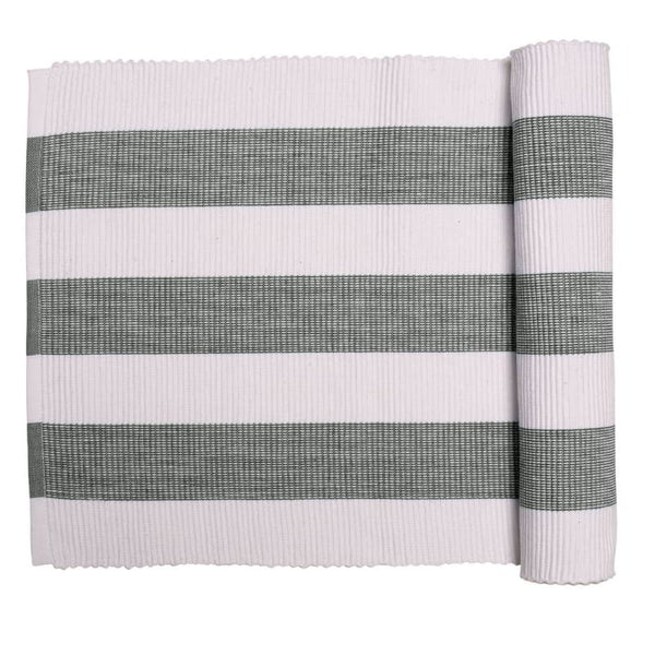 A charcoal table runner, perfect for indoor and outdoor use, enhancing any dining setting with a Mediterranean touch.