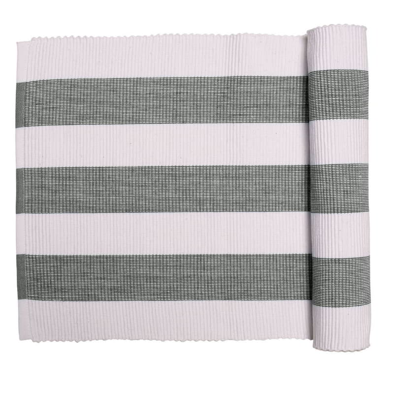 A charcoal table runner, perfect for indoor and outdoor use, enhancing any dining setting with a Mediterranean touch.