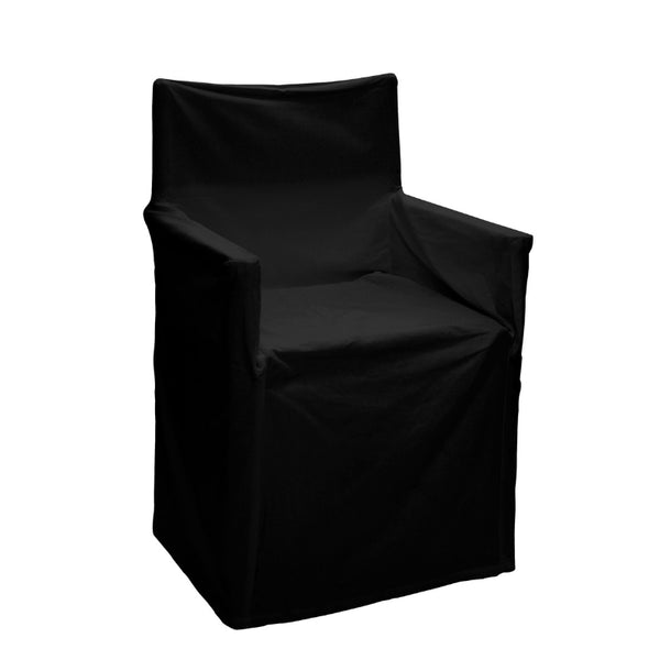 A director chair featuring a sleek black cover, designed to protect against elements while adding elegance to outdoor spaces.