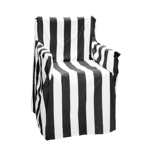 Striped chair cover in black and white, offering stylish protection for outdoor seating while adding a cosy touch.