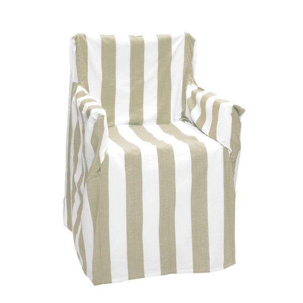 A white and beige striped chair cover, enhancing outdoor seating with style while providing protection from the elements.