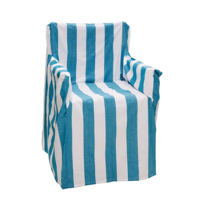 A director chair featuring a vibrant cobalt blue and white striped cover, combining elegance and practicality for outdoor furniture protection.