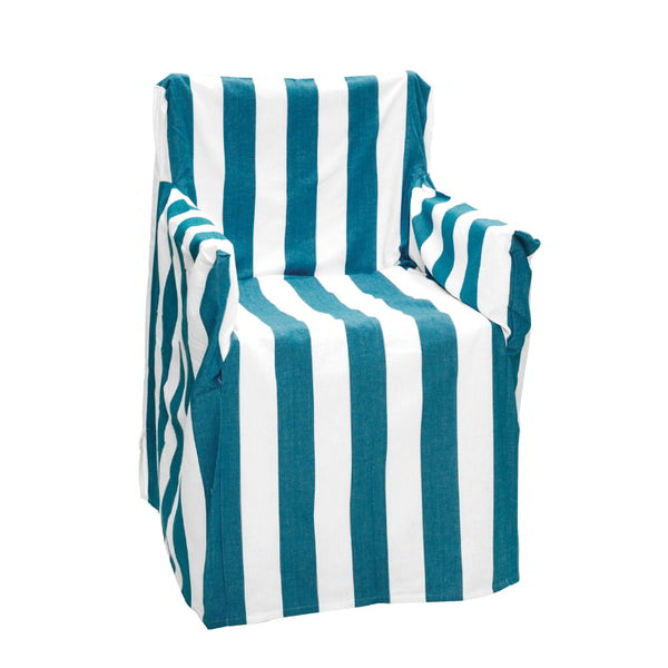 A director chair featuring an ocean blue and white striped cover, offering style and protection for outdoor seating.