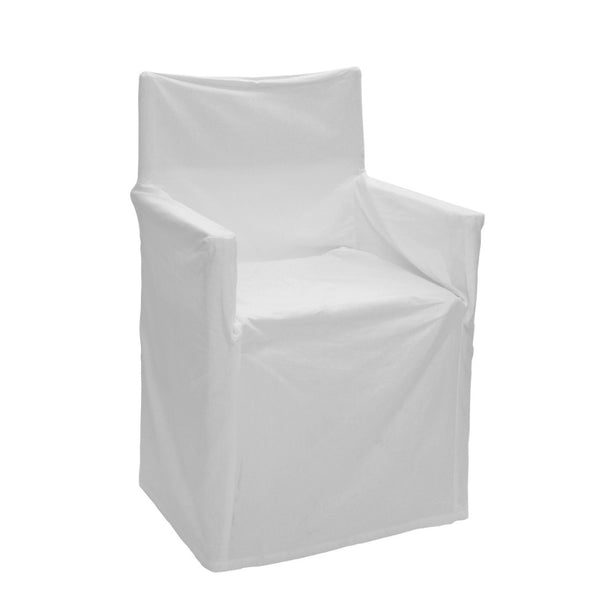 A white chair featuring a cover that combines style and protection, ideal for preserving its condition and enhancing outdoor decor.