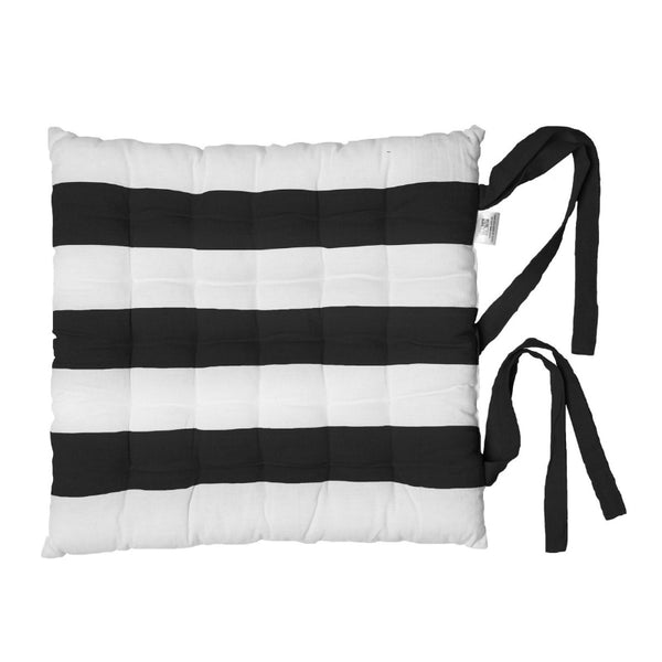 Striped chair pad in black and white with a black strap, enhancing comfort and aesthetics for metal chairs in any setting.