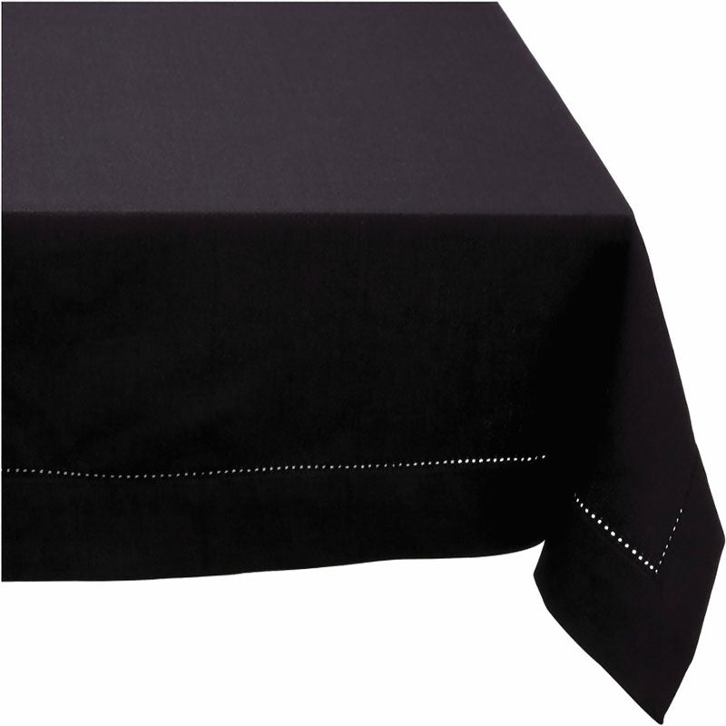 A hemstitch black tablecloth enhancing the dining experience with timeless style and functionality.