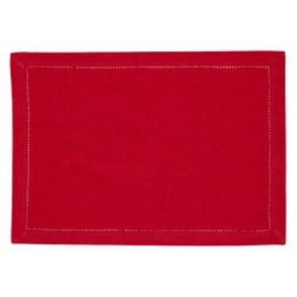 Elegant red placemat designed to enhance dining aesthetics with its sophisticated hemstitch.