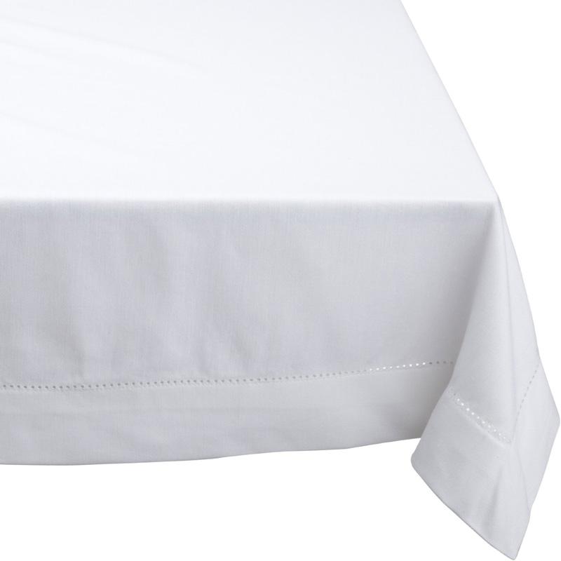 A hemstitch white tablecloth enhancing the dining experience with timeless style and functionality.