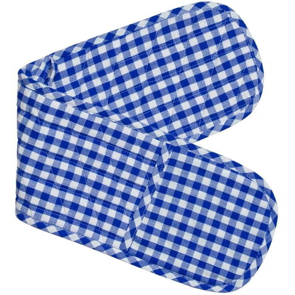 Blue Gingham Double Mitt crafted from durable cotton, ideal for baking, easy to maintain, and adds vintage charm to your kitchen.