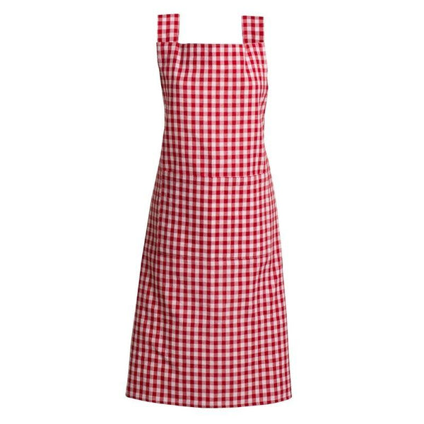 RANS Gingham Red Apron: a stylish, adjustable apron providing full-length protection for a comfortable and charming cooking experience.