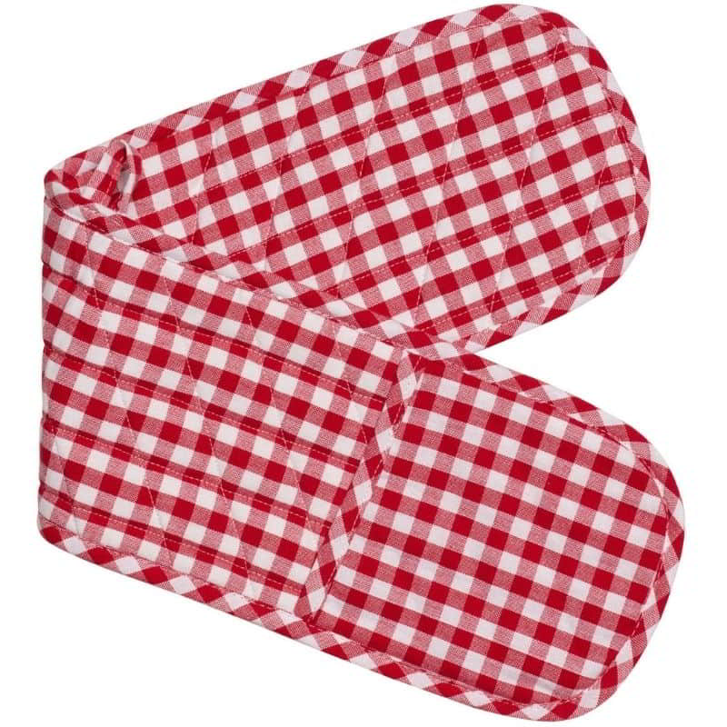 Vintage-style red Gingham Double Mitt made of premium cotton, perfect for baking and easy to clean, enhancing kitchen decor.