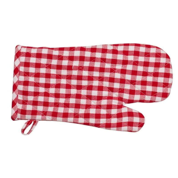 Classic red gingham oven glove made of 100% cotton, offering style, comfort, and reliable heat protection for baking.