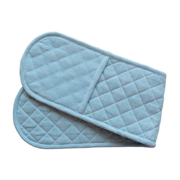 Blue double mitt featuring a stylish herringbone design, providing heat protection and easy access with a hanging loop.