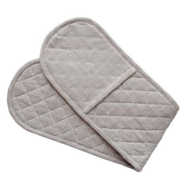 Elegant charcoal double mitt with herringbone pattern, offering heat protection and convenient hanging loop for kitchen use.