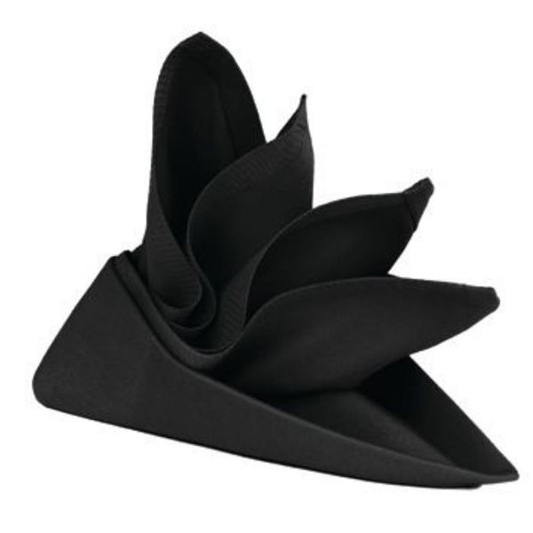 A beautifully folded black napkin, crafted from premium cotton for a stylish dining experience.