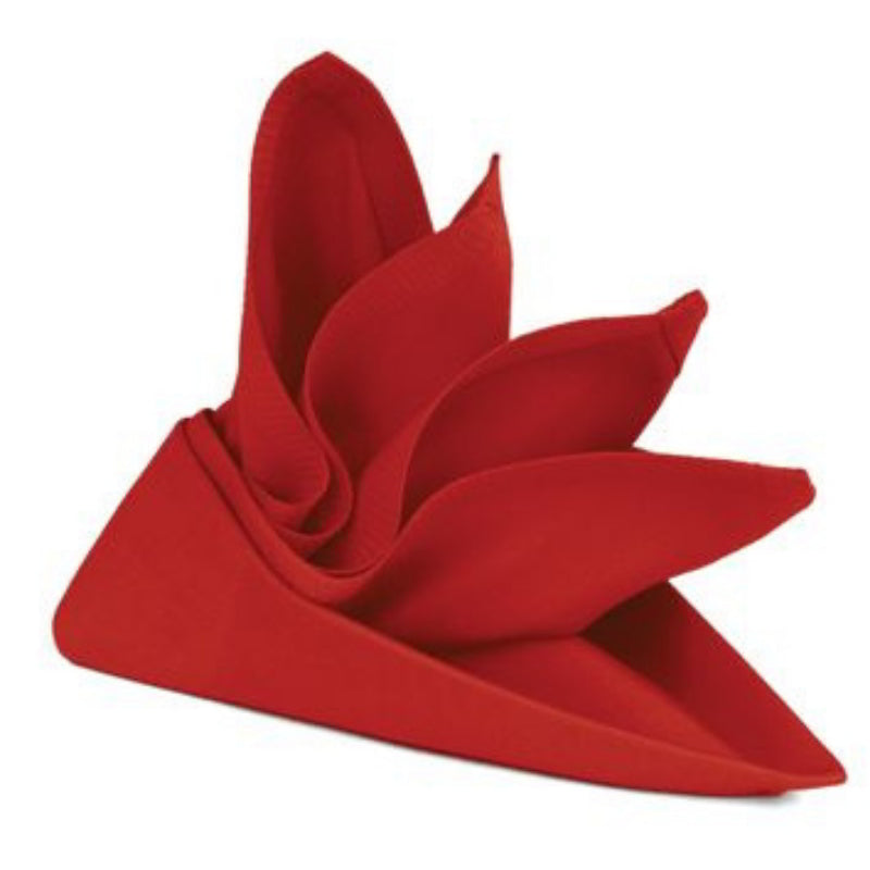 A beautifully folded lollipop red napkin, crafted from premium cotton for a stylish dining experience.