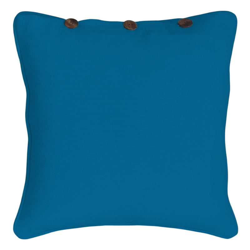 An aqua cushion cover adorned with a button, ideal for creating a fashionable and welcoming atmosphere in your living area.