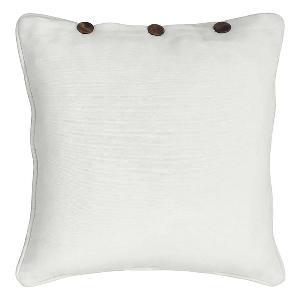 A white cushion cover adorned with a button, ideal for creating a fashionable and welcoming atmosphere in your living area.