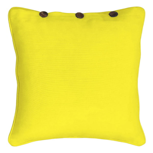 A yellow cushion cover adorned with a button, ideal for creating a fashionable and welcoming atmosphere in your living area.